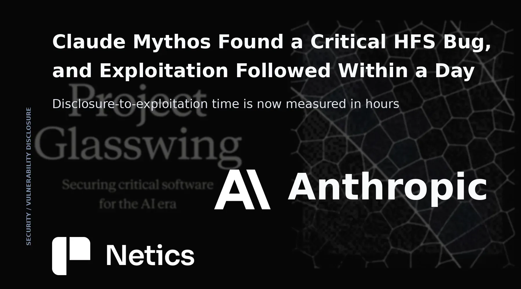 Netics editorial card on the Mythos vulnerability programme, showing the disclosure queue and the shortened exploitation window.