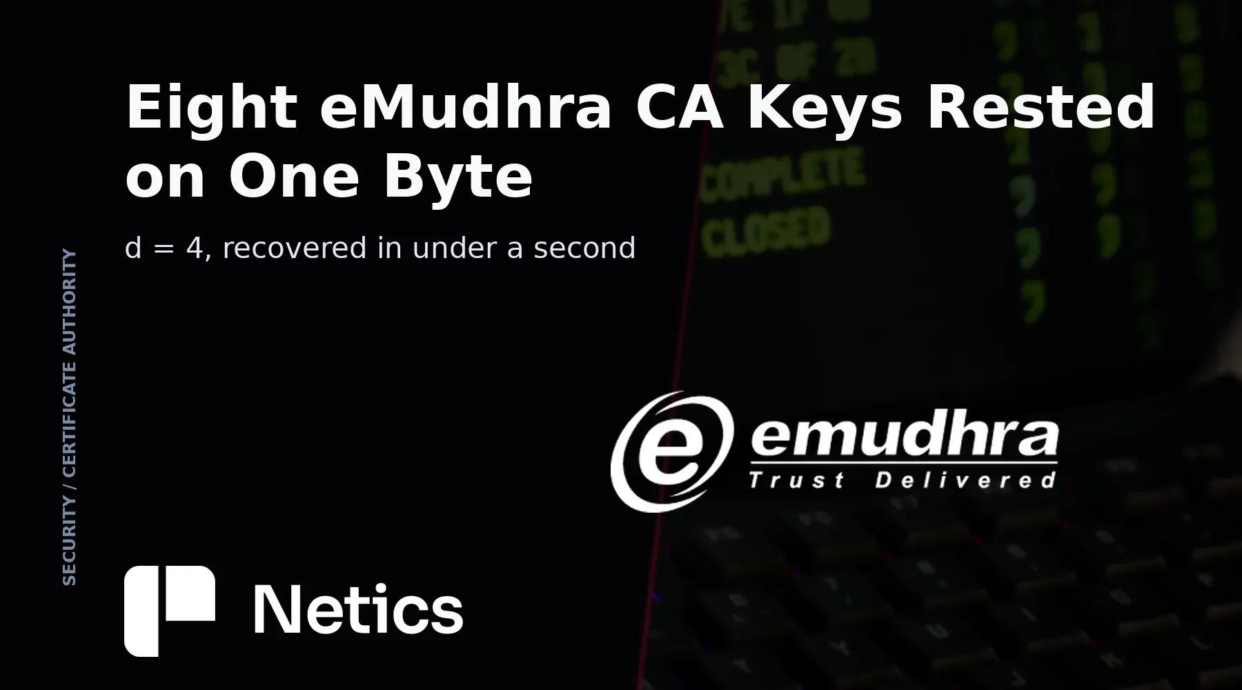 Netics card on the eMudhra intermediate CA compromise, showing eight single-byte private keys and the browser blocks that landed within hours on 17 October 2026.