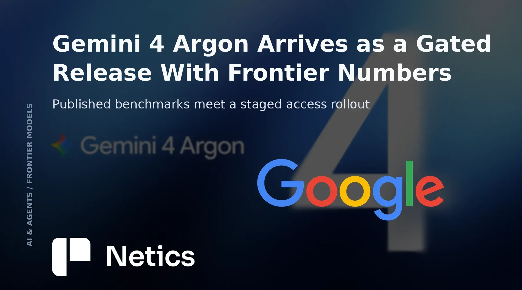 Netics editorial card on Gemini 4 Argon, contrasting the published frontier benchmarks with the gated rollout to vetted defenders.