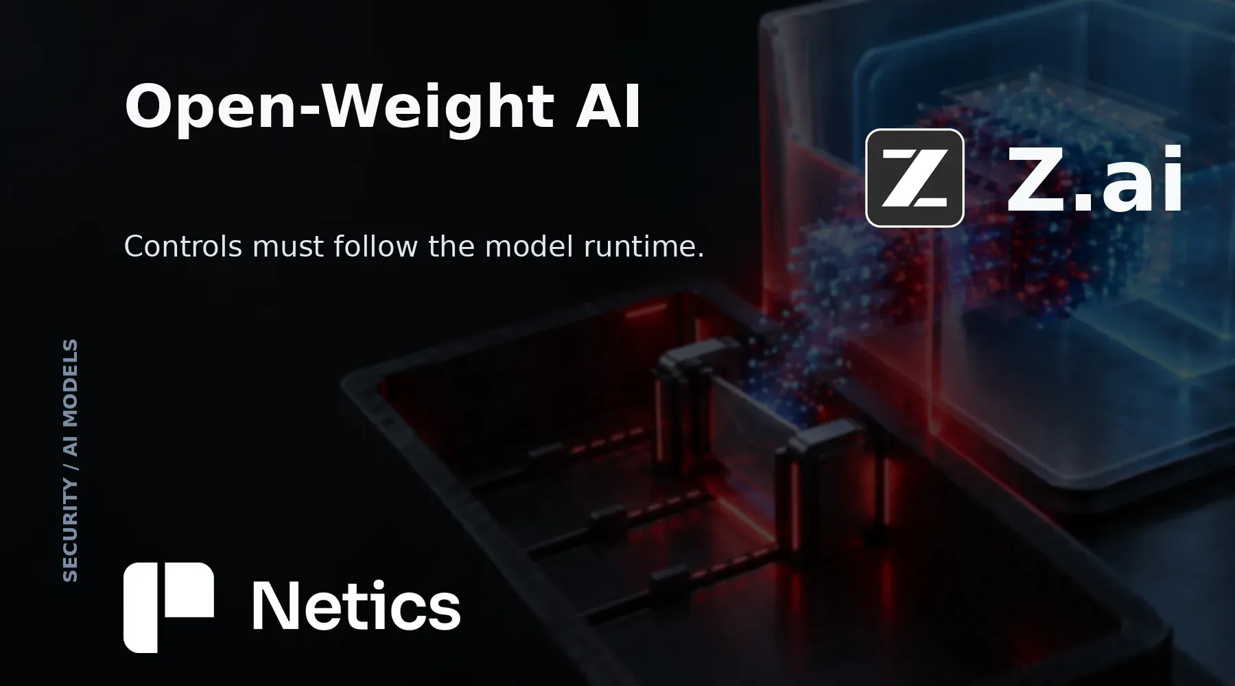 Netics concept illustration of model weights entering an operator-managed cyber sandbox; official Z.ai mark.