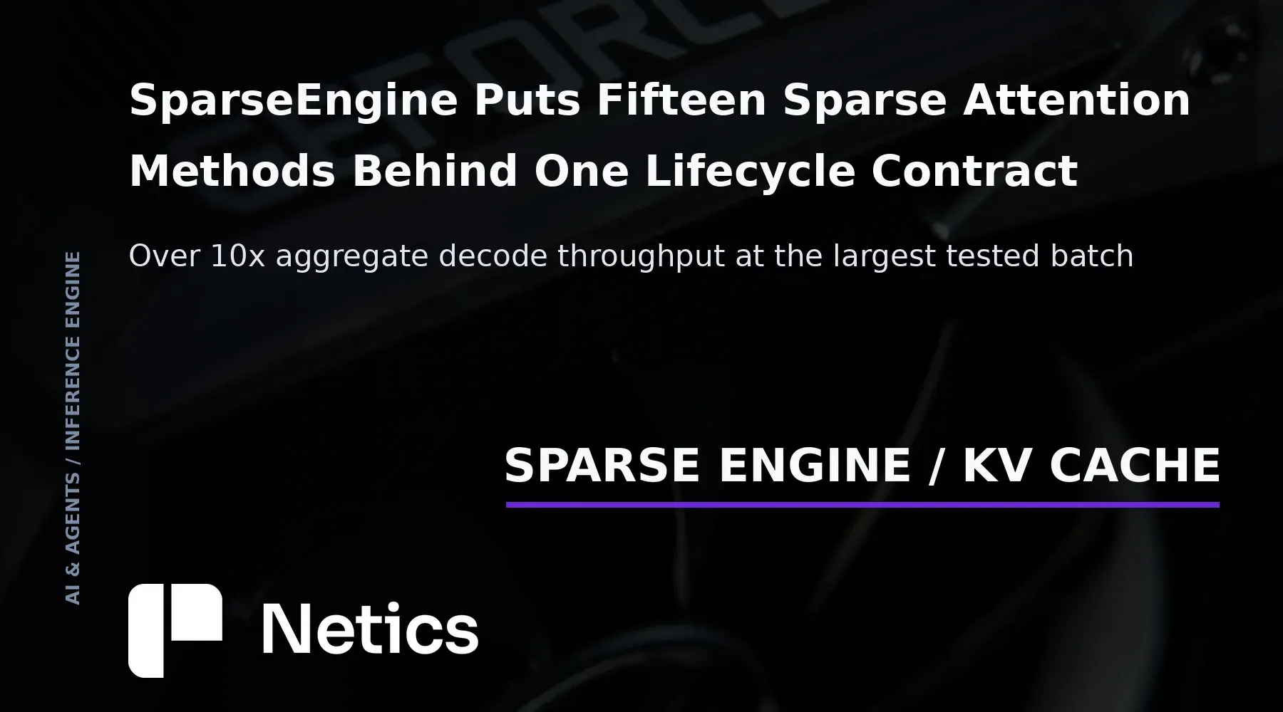 Netics editorial card on SparseEngine, with the fifteen sparse methods, the four method families and the reported decode throughput figures against vLLM.