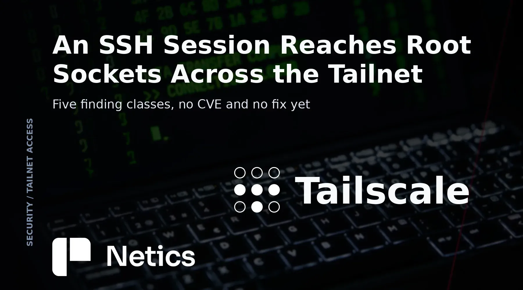 Netics card on the Tailworm report, its five finding classes against Tailscale 1.104.2 and headscale 0.29.5, and the root-level sockets an SSH session can reach.