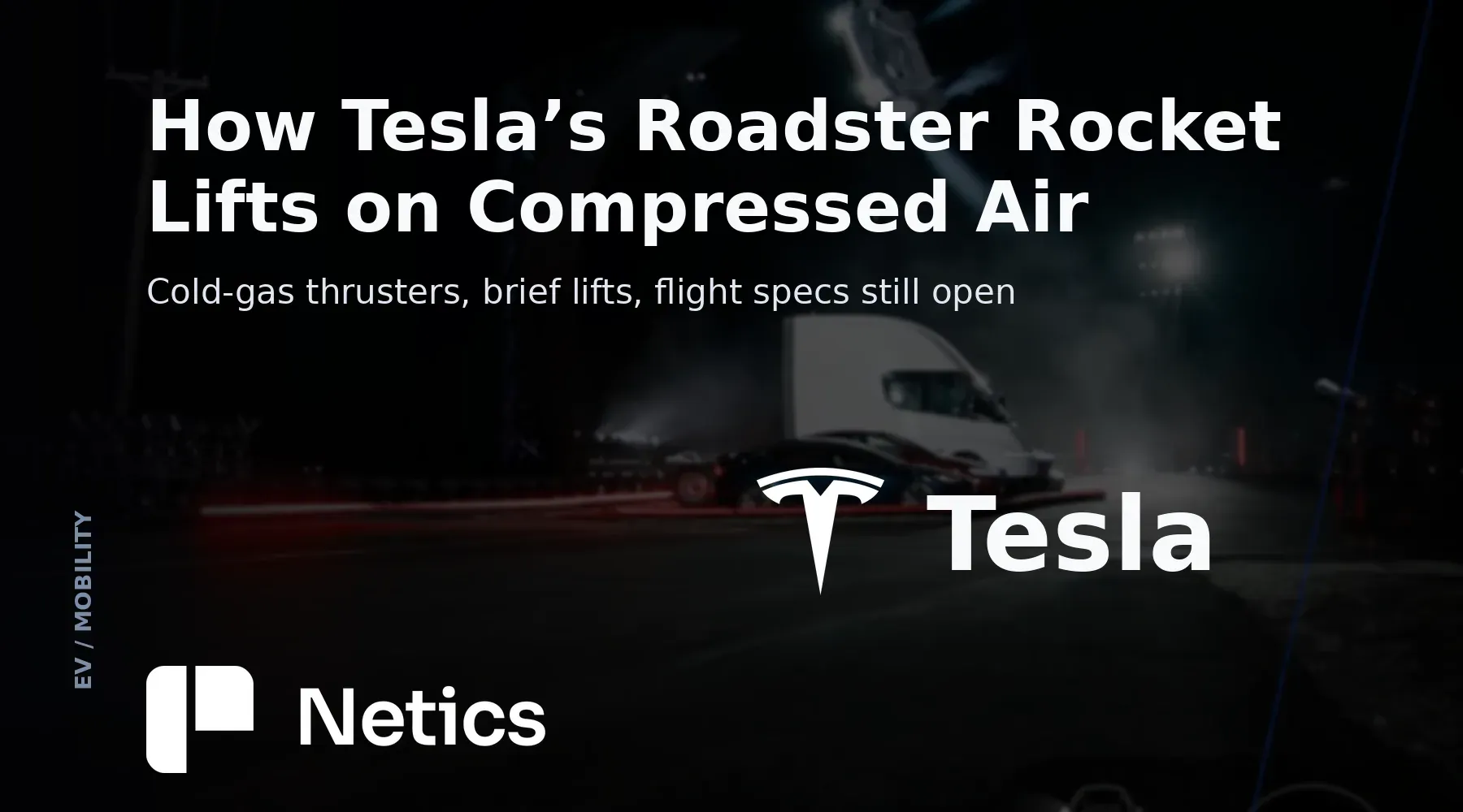 Netics card for Tesla’s Roadster Rocket over the Tesla-credited reveal photo of the car in the air, with the Tesla symbol and Netics branding.
