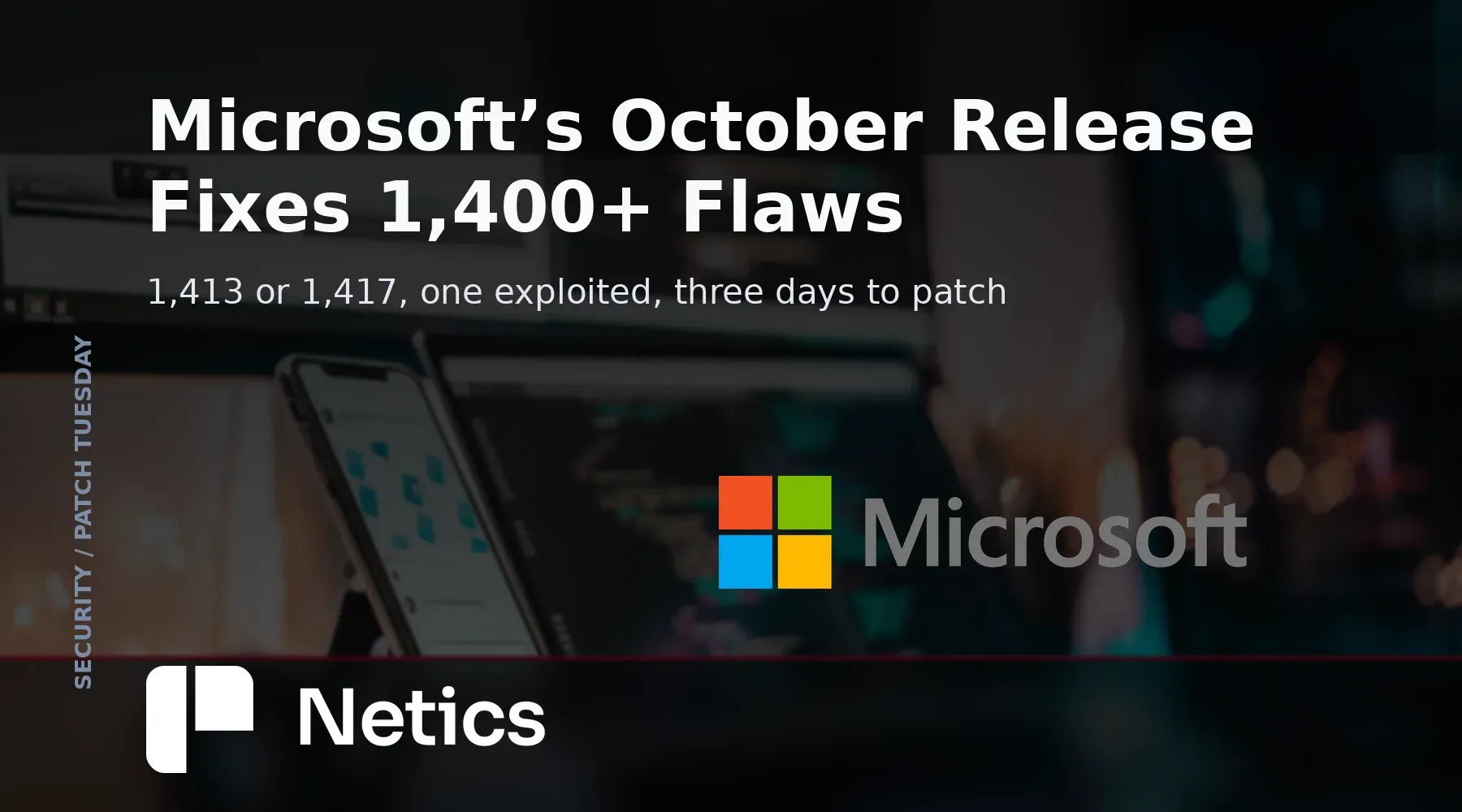 Netics card on the October 2026 Microsoft release: 1,413 to 1,417 fixes, one exploited Windows Shell bypass and two critical AD FS spoofing flaws.