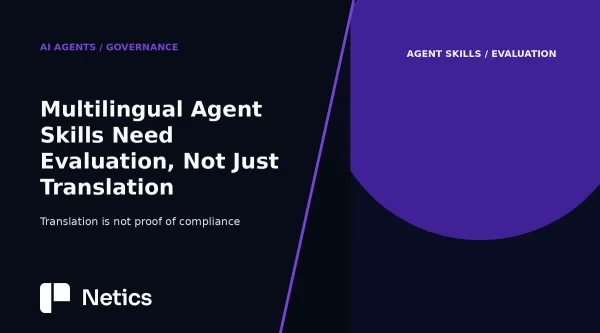 Netics visual showing a multilingual agent skill and the tests needed to verify its behavior.