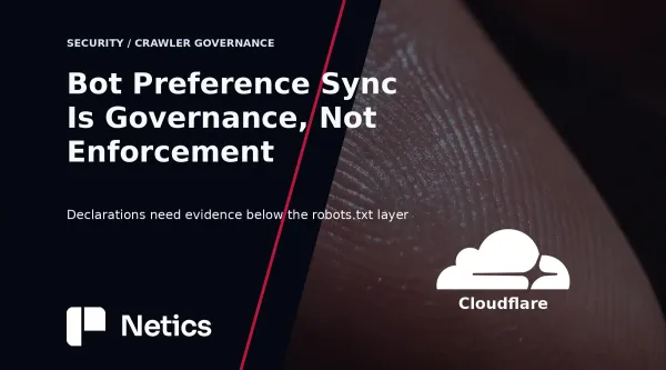 AI crawler governance thumbnail with a licensed privacy and identity photo background, Cloudflare identity, and readable Netics title.
