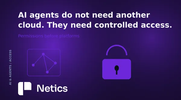 AI agent access control concept with a lock graphic on a dark Netics card