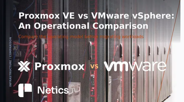 Proxmox VE versus VMware vSphere operational comparison card with neutral text identity and Netics branding