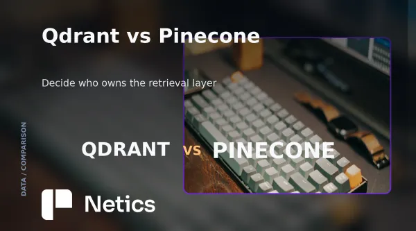"Qdrant and Pinecone product identities side by side on a dark Netics comparison card, captioned self-hosted control versus managed retrieval"