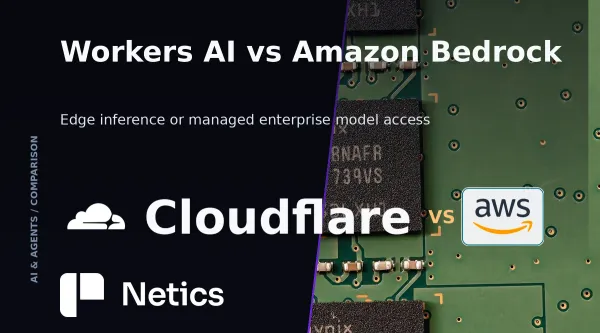 Netics editorial split illustration contrasting a distributed edge network of small GPU nodes with a centralized managed cloud model hub, representing Cloudflare Workers AI versus Amazon Bed