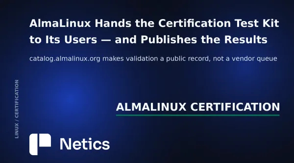 AlmaLinux community software certification article card with an AlmaLinux certification text identity and Netics branding.