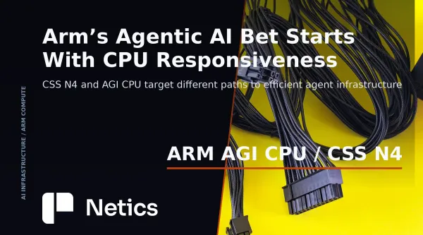 Netics visual comparing Arm's CSS N4 hardware claims with the data movement and concurrency questions agentic infrastructure must answer.