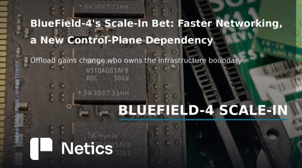 Netics editorial photo-backed feature card showing a data processing unit card in a server chassis representing NVIDIA BlueField-4 Scale-In network infrastructure.