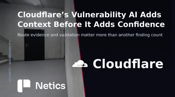 Netics editorial card showing vulnerability findings connected to routes, traffic, WAF controls, and validation
