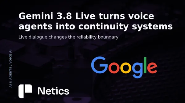 Gemini 3.8 Live voice-agent continuity concept with a Google Gemini identity and Netics editorial treatment.