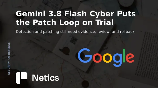 Netics editorial feature card showing a vulnerability finding moving through patch validation, human review and rollback controls.