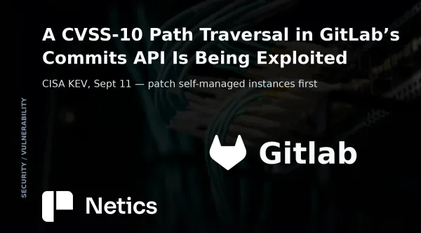 Netics feature card for the GitLab CVE-2026-85706 commits-API path traversal article with the official GitLab logo
