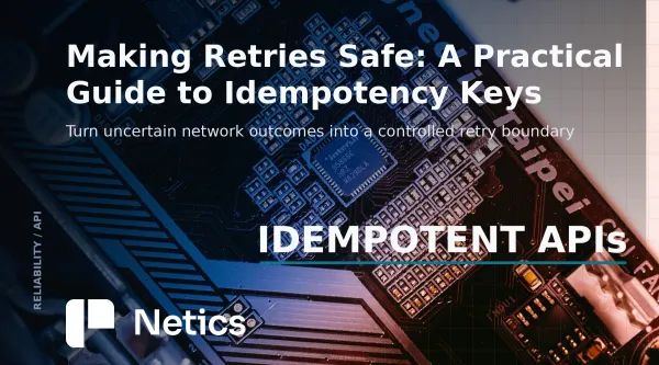 Idempotency keys and safe API retries explained with a real infrastructure photo and Netics branding.