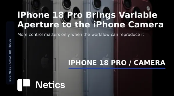 Netics editorial feature card about the iPhone 18 Pro variable-aperture camera and creator control.