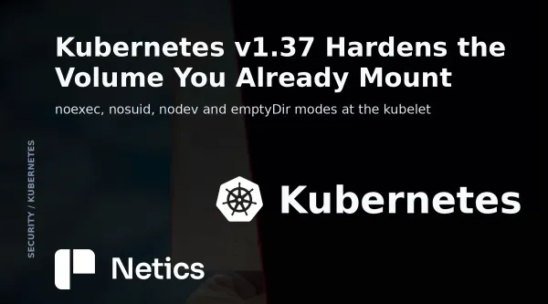 Netics feature card for the Kubernetes v1.37 container storage hardening article with the official Kubernetes identity