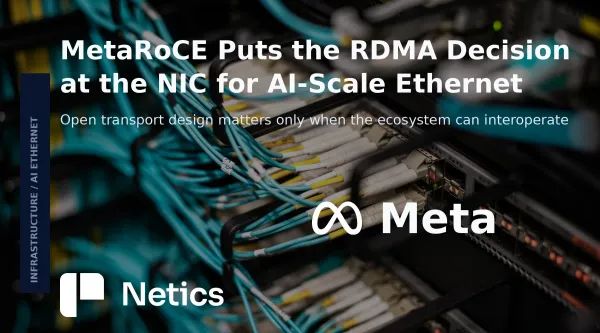 Editorial feature card showing MetaRoCE as an endpoint-driven RDMA transport for AI-scale Ethernet.