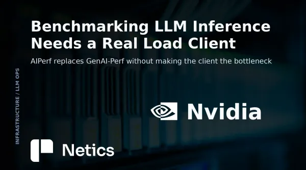 Netics feature card for the NVIDIA AIPerf LLM inference benchmarking article with the official NVIDIA identity