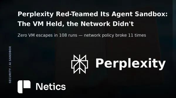 Netics editorial card for the Perplexity SPACE agent-sandbox red-team analysis, with the official Perplexity identity.