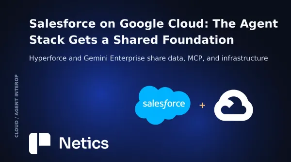 Netics feature card for the Salesforce and Google Cloud partnership article with the official Salesforce and Google Cloud identities