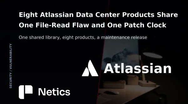 Netics editorial card showing eight self-hosted Atlassian product tiles behind one shared web-resource library and a patch clock.