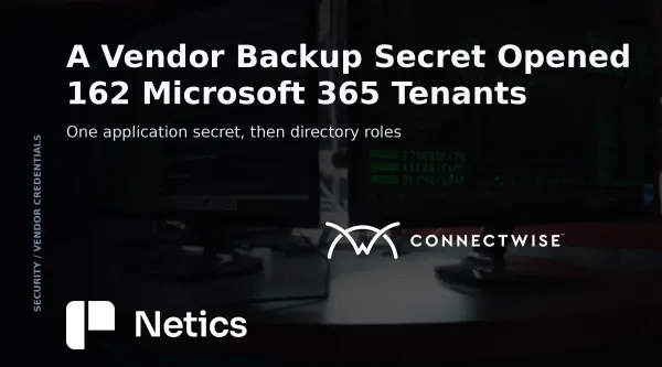 Netics card on the ConnectWise Cloud Backup application secret used to sign in to 162 Microsoft 365 tenants, with the containment steps.