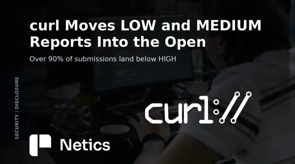 Netics card on curl's disclosure change, showing LOW and MEDIUM reports routed to public GitHub issues from 26 October 2026 and HIGH reports kept private.