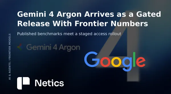 Netics editorial card on Gemini 4 Argon, contrasting the published frontier benchmarks with the gated rollout to vetted defenders.