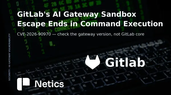 Netics editorial card for the GitLab AI Gateway CVE-2026-90970 sandbox escape analysis.