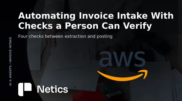 Netics editorial card on invoice intake automation, with the checks between extracted fields and a posted entry, from supplier identity to a named approver above the threshold.