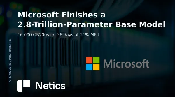 Netics card on Microsoft AI's MAI-Base-2: 2.8 trillion total parameters, 80 billion active, trained on 16,000 GB200 GPUs in 38 days.