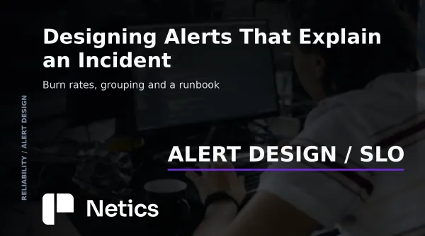 Netics editorial card on alert design, with the four elements a page has to carry, the burn-rate windows that set page volume and the runbook attached to the notification.