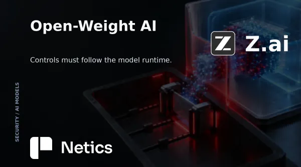 Netics concept illustration of model weights entering an operator-managed cyber sandbox; official Z.ai mark.