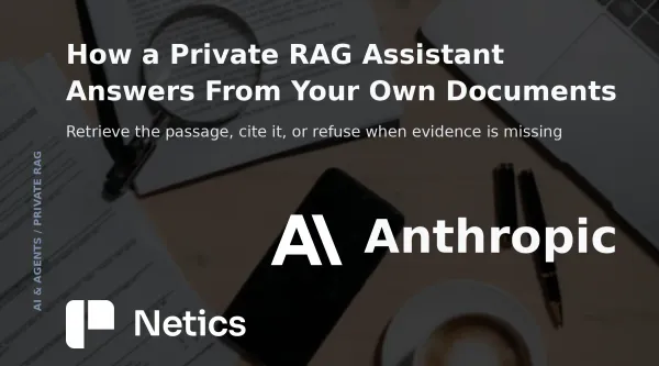 Netics editorial card for the private RAG assistant pillar article, contrasting retrieval, citation and refusal.