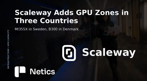 Netics editorial card on Scaleway's GPU Zones, with the AMD and NVIDIA clusters it announced, the availability zones added in Milan and the model catalogue served from Europe.