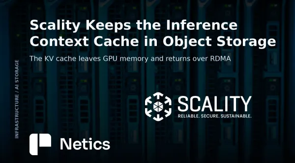 Netics editorial card on Scality's AI Inference Factory showing a serving stack whose prefill pool writes the context cache to object storage for the decode pool to read back.