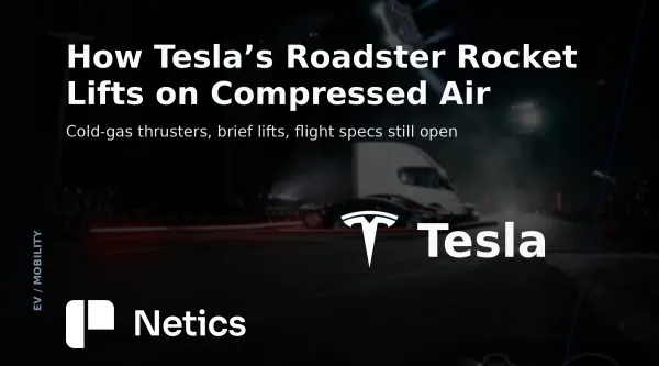 Netics card for Tesla’s Roadster Rocket over the Tesla-credited reveal photo of the car in the air, with the Tesla symbol and Netics branding.