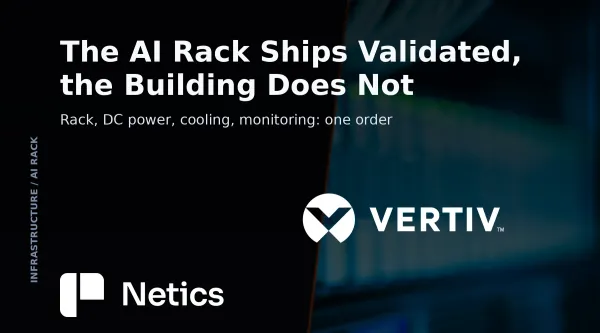 Netics card on Vertiv SmartIT, a factory-validated rack package combining rack, DC power, direct-to-chip cooling and monitoring for GB300 and Rubin systems.