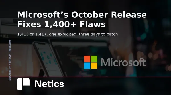 Netics card on the October 2026 Microsoft release: 1,413 to 1,417 fixes, one exploited Windows Shell bypass and two critical AD FS spoofing flaws.